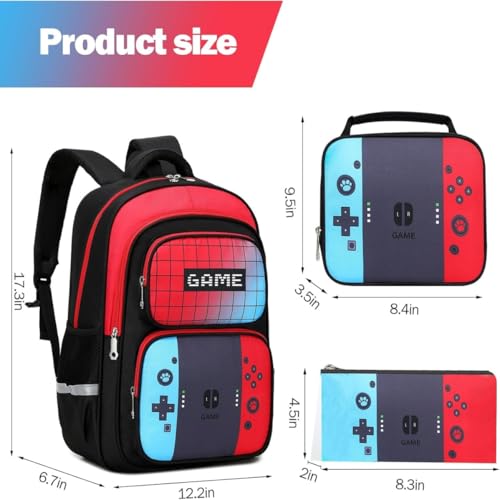 Kids Backpack 3-in-1 Boys Backpack with Lunch Bag and Pencil Case for Teens Middle School, 17 Inch Large Capacity (GAME) - color: GAME