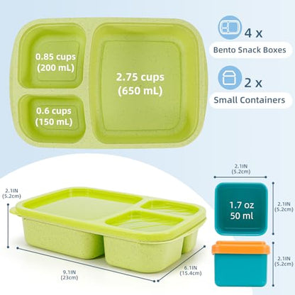 Caperci Bento Lunch Box Containers for Adults & Kids - 3-Compartment Reusable Meal Prep Containers with 2Pc Sauce Containers for School, Work, Travel, Wheat Straw, Set of 4 (Jewel Brights) - color: Jewel Brights