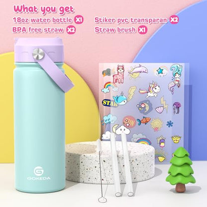 GoKEDA 18oz Kids Water Bottle, Stainless Steel Straw Cup - color: Purple Green