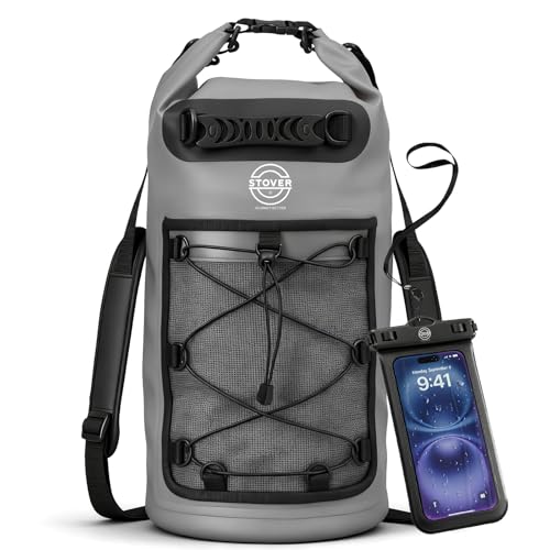 STOVER 5/10/25/30/40L Waterproof Dry Backpack & Phone Case- Large Floating Dry Bag for Kayaking, Travel, Hiking, Fishing, Camping, Motorcycles & Beach, Heavy-Duty Roll Top Men/Women (Grey) - color: 25l+ Grey, size: 30L