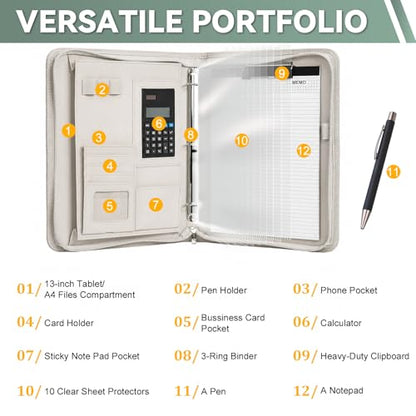 Leathario Portfolio Binder, Includes 5 Sheet Protectors and a Pen, 13 Inch Tablets Organizer, Vegan Leather A4 Padfolio, Multi-Pocket Notepad Business Planner Professional Document - color: Relief White