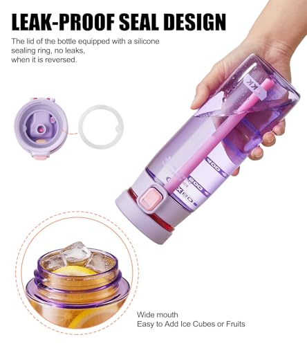 TKK Sports Water Bottle with Straw & Build-in Carrying Handle, Spill-Proof 2-in 1 Lid, 20 oz Plastic Bottles, Dishwasher Safe, Leak-Proof Locking Lid for Kids, Outdoor, School Backpack, Purple - color: Purple