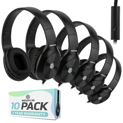 Sonitum Classroom Headphones-Bulk 25-Pack, with Microphone Student On Ear Comfy Swivel Earphones for Library, School, Airplane, Kids-for Online Learning and Travel, HQ Stereo Sound 3.5mm Jack (Black)