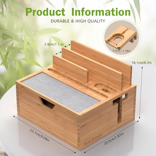 Pezin & Hulin Bamboo Charging Station with Power Charger & Cables-Black | Nightstand Docking Station with Lined Tray & Drawer for Multi Device, Compatible with Tablet, Cell Phones, Watch & Earbuds - color: #1 Bamboo (With Charger)
