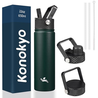 Konokyo 22 oz Insulated Stainless Steel Water Bottle with Straw Lid - color: Army Green, size: 22 Ounces