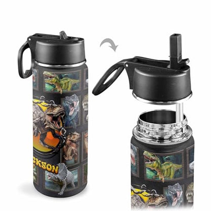 Personalized Children Name Water Bottles with Straw Lid, Customized Dinosaur Insulated Stainless Steel Waterbottle with Name, Travel Cup for Boys School Holiday - color: Color 11