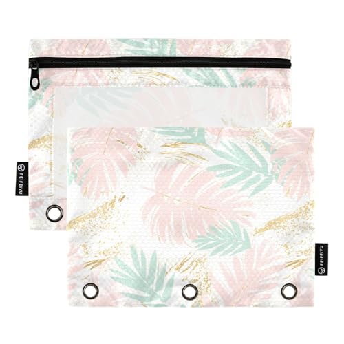 Gredecor Binder Pencil Pouch 3 Ring Tropical Worn Floral Pastel Pink Mint Gold Zipper Pencil Pouches Case 2 Pack Clear Binder Organizer for School Office - color: Pink Mint