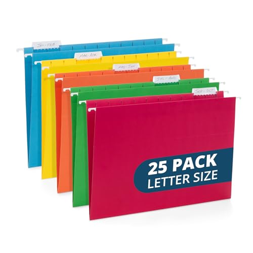 Blue Summit Supplies 25 Hanging File Folders, Letter Size, Assorted Colors | Includes tabs and labels; reinforced edges for durable color-coded filing and organization in home and office cabinets - color: Assorted