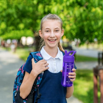 14oz Clear Kids Water Bottle with Straw Lid, BPA-Free Tritan, Measurement Scale, Sturdy Handle Wide Mouth Leak-proof Reusable Plastic Bottle for Boy& Girls, Back to School(Dark Purple) - color: Dark Purple