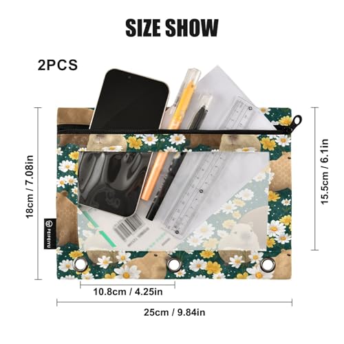SUABO Daisy Capibala Pattern Pencil Pouch for 3 Ring Binder, 2 PCS Binder Pencil Pouch with Zipper, Clear Window Zipper Pencil Case Pencil Bags for Office Supplies - color: Capibala