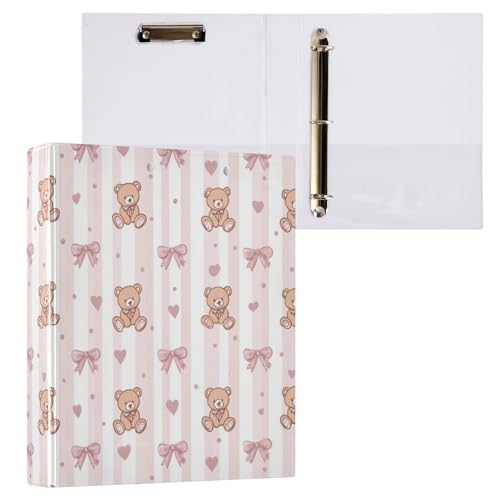 3 Ring Binder 1.5 Inch Binders Striped Teddy Bear Binder Organizer Fashion View Binders with 2 Pockets for Home School Office Supplies 1 Pack - size: one sizex1