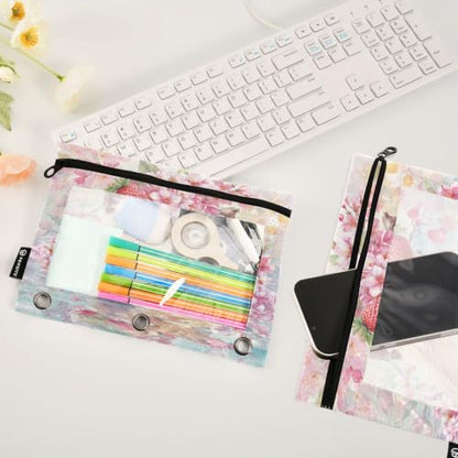Gredecor 3 Ring Binder Pencil Pouch, Capybara Strawberry Cherry Zippered Pen Case Pouches with Clear Window, 2 Pack Stylish Office & School Supplie - color: Capybara Strawberry Cherry