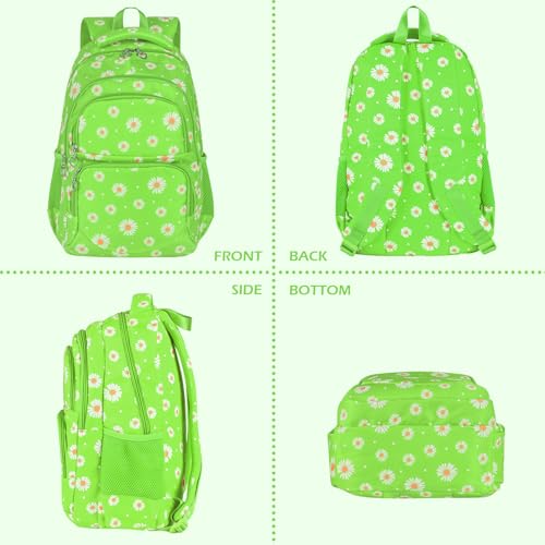 Glodwheat Daisy Printed Backpack For Girls- 3Pc Set With Lunch Box & Pencil Case, Lightweight Water-Resistant Bookbag For Elementary School - color: Grass-green