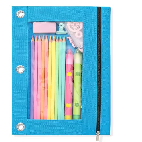 SUNEE Pencil Pouch for 3 Ring Binder, Large Zipper Pencil Case with Clear Window, 3 Reinforced Grommets, Binder Accessories for School and Office Supplies Storage, Blue - color: Blue
