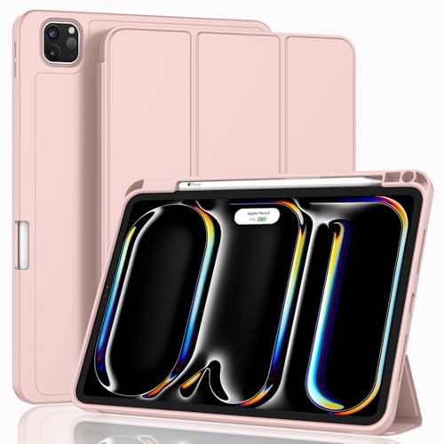 ZryXal iPad Pro 11 Inch Case (M5) 2025/ (M4) 2024 (Model: A2836/A2837/A3006), Trifold Stand Smart Cover with Pencil Holder and Soft TPU Back, Auto Wake/Sleep (Rose Pink) - color: Rose Pink
