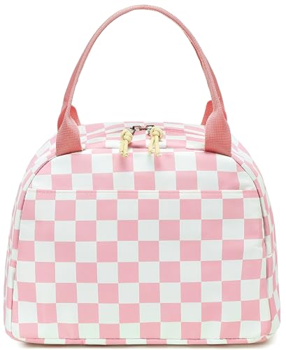 LEDAOU Kids Lunch Bag for Girls, Insulated School Lunch Box, Lightweight | Insulated interior, lightweight design, front pocket, smooth dual zippers, ideal for school and travel - color: Pink White Checkered