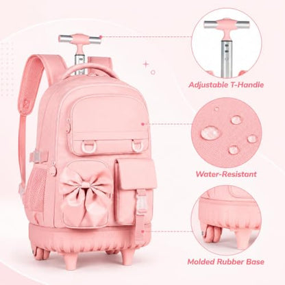 3Pcs Rolling Backpack for Girls Women, School Kids Roller Bookbag with Wheels, Wheeled Backpacks Set for Elementary (Pink) - color: Bow Pink