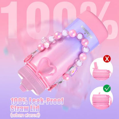 Mininoo Kids Water Bottle for School - 16 oz Stainless Steel Insulated Water Bottle with Ceramic-Lined, Leakproof Straw Lid & Beaded Handle for Girls & Boys - color: Sparkle Tulip