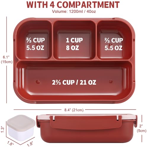 shell and turtle Bento Box Adult Lunch Box, Lunch Containers for Kids Girls Boys with 4 Compartments, Lunchable Food Container with Utensils, Sauce Jar, Muffin Liners, 40 Oz/5 Cup, Retro Red - color: Retro Red