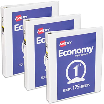 Avery Economy View 3 Ring Binder, 1 Inch Round Rings, 3 White Binders (05760) - style: 3 Pack