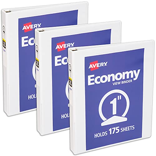 Avery Economy View 3 Ring Binder, 1 Inch Round Rings, 3 White Binders (05760) - style: 3 Pack