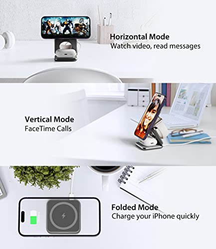 Foldable Magnetic Wireless Charger, KU XIU X40 Aluminum Alloy 3 in 1 Charging Station for Apple, Fast Magnetic Charger Stand for iPhone 17 16 15 14 13 12 Series, 5W for iWatch, AirPods 3/2/Pro, Gray - color: Gray