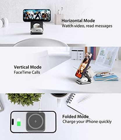 Foldable Magnetic Wireless Charger, KU XIU X40 Aluminum Alloy 3 in 1 Charging Station for Apple, Fast Magnetic Charger Stand for iPhone 17 16 15 14 13 12 Series, 5W for iWatch, AirPods 3/2/Pro, Gray - color: Gray