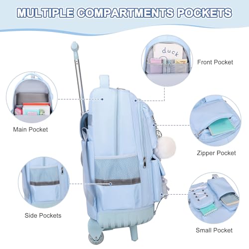 Scothen Rolling Backpack for Girls, Girls Backpack Set with Lunch Box & Pencil Pouch for Teen Girl Kids Children Elementary Middle School, Bookbag Daypack Laptop Travel Backpack with Wheels (Blue) - color: Blue