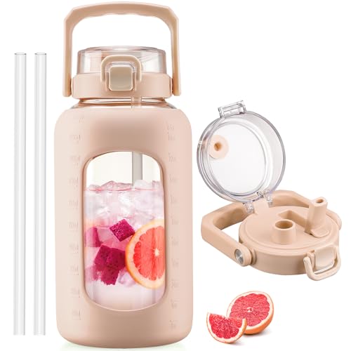 BLUEGO 84oz Glass Water Bottle with Straw and Handle, Large Water Bottle with Sip & Chug Lid, 2.5L Water Jug Silicone Sleeve with Time, Full Day Drinking Bottle for Sports BPA Free, Amber - color: Amber, size: 84 Ounces