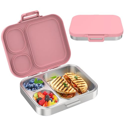 Pawtong Stainless Steel Bento Lunch Box for Kids | 3-Compartment Lunch Box Container Kids | 100% Leakproof, Eco-Friendly, Perfect Portion Control for Kids&Adult Healthy Meals (Pink) - color: Pink