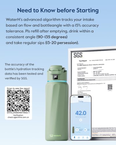 WaterH BOOST Smart Water Bottle Tracker with Reminder to Drink Water, 32oz | Double Wall Vacuum Insulated Stainless Steel, BPA-Free, Leakproof, Smart App Tracking, Travel-Friendly Wide Mouth for Office - color: Green, size: 32 Ounces