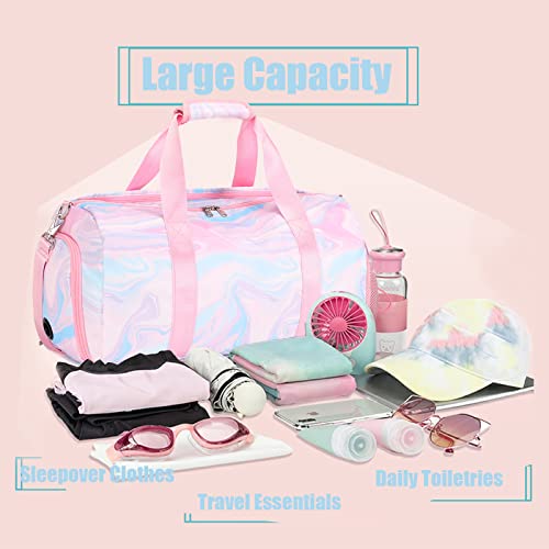 Jumpopack Dance Bag Girls Duffle Bags Teen Sports Gym Bag Weekender Sleepover Overnight Bags with Shoe Compartment and Wet Pocket - color: Marble Pink