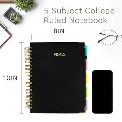 5 Subject College Ruled Notebook, 300 Pages Ink-Proof Paper, 8x10 Inch, Hardcover Spiral Bound with Dividers and Tabs, Ideal for School, College, Work, Students (Black) - color: Black