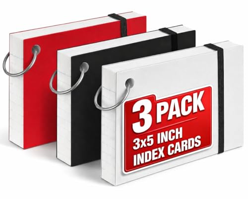 1InTheOffice Index Cards with Ring 3x5, Flash Cards with Binder Ring, Single Hole Punched Notecards, 65 Cards, 3 Pack