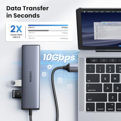 UGREEN USB to Ethernet Adapter, 10Gbps Data Port 5-in-1 Hub Ethernet | with 2*USB-C 3.2, USB-A 3.2/2.0, Gigabit RJ45, Power Port (Only for Adapter), USB A to Network Hub for Laptop, MacBook, XPS