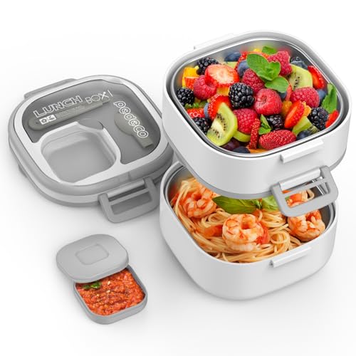 PEDECO Double-Layer Bento Lunch Box for Kids & Adults with Removable Stainless Steel Dividers,Dressing Container,BPA-Free,Dishwasher Safe - Includes Utensil,(White,Non-Insulated) - color: White, size: Stainless Steel Double Layers