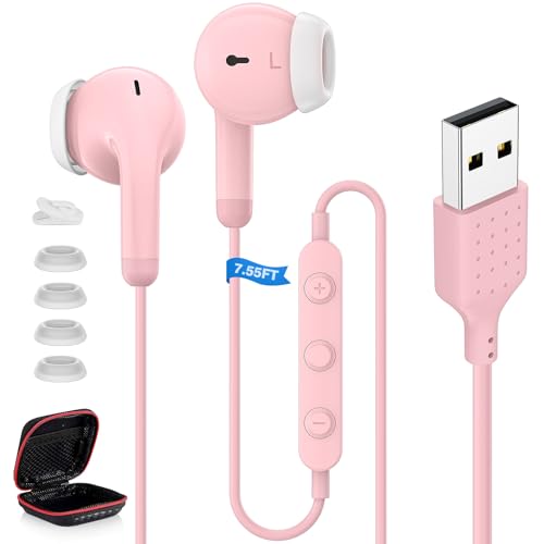 ASKUBSKU Wired Earbuds USB Headsets with Mic for PC 7.5FT Cable, Pink | USB Headphone for Computer, Laptop Earphone with Microphone, USBA Corded Ear Buds for Office Zoom Meeting Call School Class - color: Pink