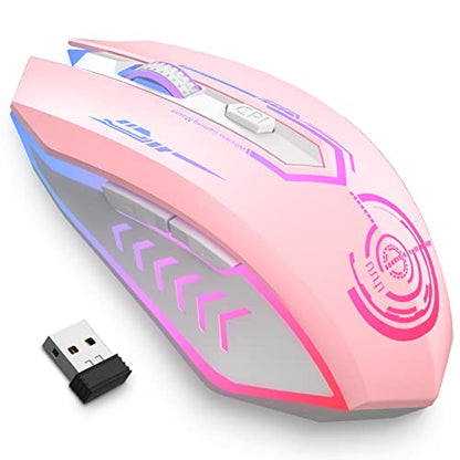 UHURU Gaming Mouse, Wireless Gaming Mouse with 6 Buttons 7 Changeable LED Color up to 10000 DPI, Rechargeable USB Gamer Mouse for PC Laptop (Pink) - color: pink