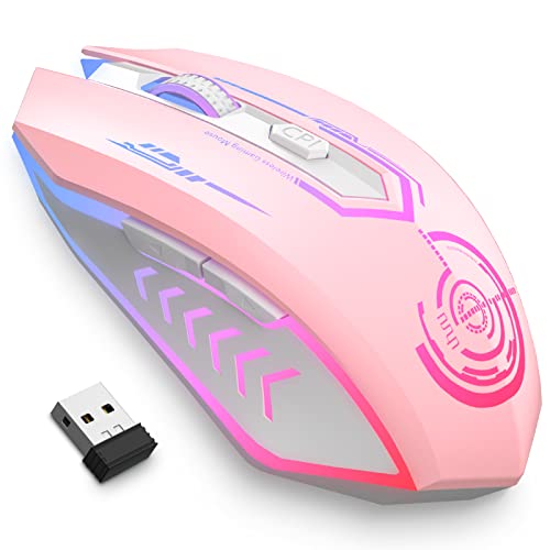 UHURU Gaming Mouse, Wireless Gaming Mouse with 6 Buttons 7 Changeable LED Color up to 10000 DPI, Rechargeable USB Gamer Mouse for PC Laptop (Pink) - color: pink