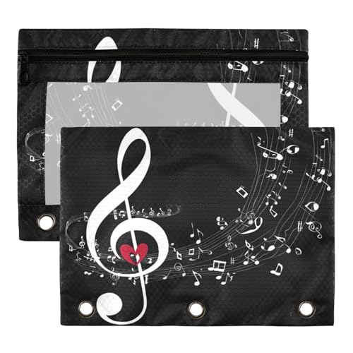 2 Pack Chic Treble Clef in Heart Notes Black 3 Ring Binder Pencil Pouch Bags,Clear Window Storage Case with Zipper for Boys Girls School Office Supplies Cosmetics Organizers
