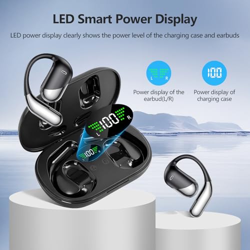 Open Ear Clip Wireless Earbuds Bone Conduction Headphones, Bluetooth,Built-in Mic, Waterproof, LED Display ,Ear Hooks Ear Buds Ultra-Comfort Earphones Design for Running walking,office,birthday gift - color: Black