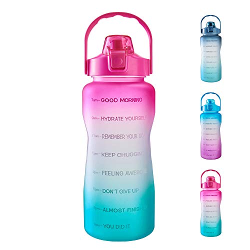 EYQ 64oz/128oz Leakproof Free Drinking Water Bottle with Motivational Time Marker BPA Free for Fitness, Gym and Outdoor Sports - color: Pink/Green Gradient