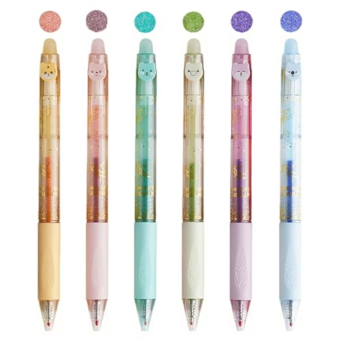 6 Colors Glitter Erasable Gel Pens, 0.5mm Fine Point Multicolor, Make Mistakes Disappear，Retractable Pens for Journaling, Drawing, Note Taking（6 Colors-2） - color: 6 Colors-2