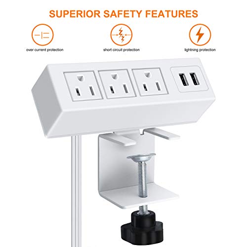 3 Outlet Desk Clamp Power Strip, Desktop Power Strip with USB Ports, Desk Mount USB Charging Power Station, on Desk Edge Power Outlet 125V 12A 1500W, 10 FT Desk Outlet Strip. (White) - color: White, size: 10FT