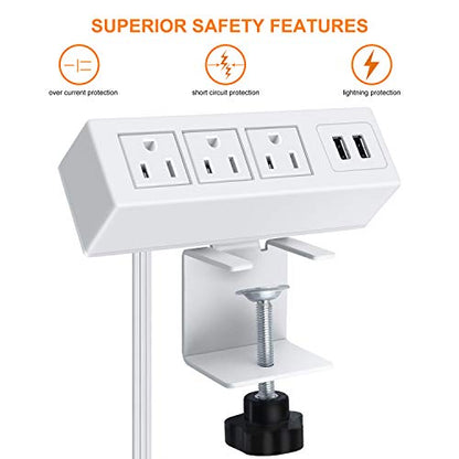 3 Outlet Desk Clamp Power Strip, Desktop Power Strip with USB Ports, Desk Mount USB Charging Power Station, on Desk Edge Power Outlet 125V 12A 1500W, 10 FT Desk Outlet Strip. (White) - color: White, size: 10FT