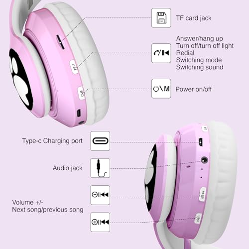 Kids Cat Ear Bluetooth Headphones, LED Light, Mic, Foldable | Foldable Cat Headphone, LED Light Up Ear, Cat Ear Headphones for Toddler, Microphone/TF Card - color: Purple