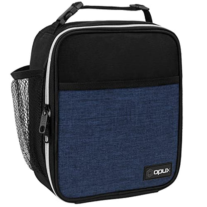 opux Insulated Lunch Bag for Kids Boys Girls, Small Compact Lunch Box with Wide Opening & Mesh Pockets, Reusable Lunch Pail for School, Work, Adults, Men, Women, Heather Navy Blue - color: Heather Navy