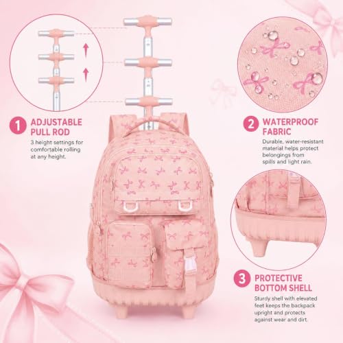 WZLVO 3PCS Rolling Backpack for Girls, Water Resistance Roller Bookbag, Women Aesthetic Wheeled School Bag Set with Lunch Box & Pencil Bag for Teens & Kids - Pink Bow - color: 3pcs Girls Rolling Backpack - Pink Bow