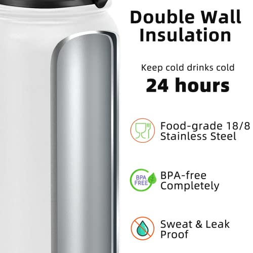 Fanhaw 20 Oz Kids Insulated Stainless Steel Water Bottle with Straw Lid, Leakproof & Anti-Dust Everyday Use Bottle for School, Women & Men, Back to School Essentials (White) - color: White, style: 20 Ounces