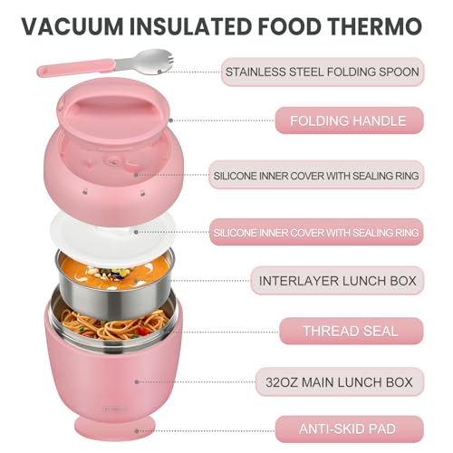 wiwens Thermo Food Jar for Hot Food Adults 32OZ Soup Thermo Lunch Containers Wide Mouth Vacuum Insulated Stainless Steel Leakproof Bento Box with Spoon - color: Pink3